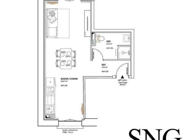 Studio 1 pièce 31 m²