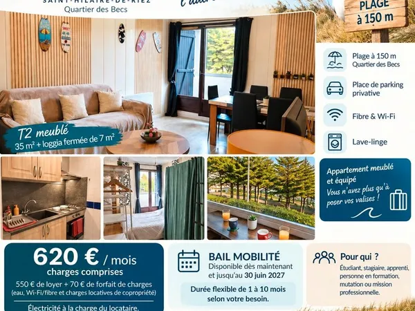 T2 meublé + parking - bail mobilité