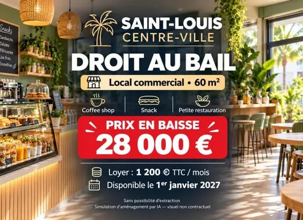 Rare à Saint-Louis au centre ville à vendre un Droit au bail d'un local 60 m² à 28 0000 € | Autorisa