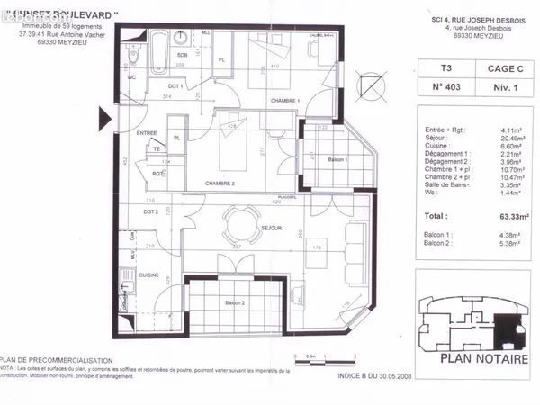 Appartement 3 pièces 64 m2 étage 1/4 avec garage