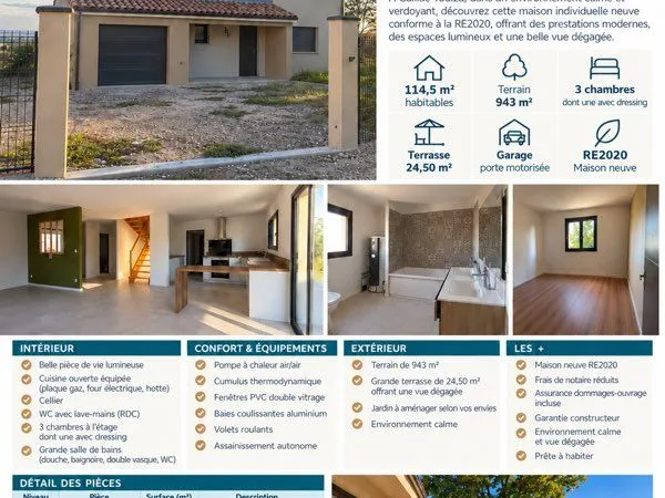 Maison neuve RE2020 - 114,5 m² - 3 chambres - terrain 943 m² - 229 000 À vendre à Gaillac-Toulza (31