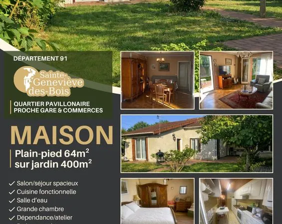 Maison 64m2 de plain-pied sur jardin de 400m2 à Sainte-Geneviève-des-bois 91700 - DPE Août 2026 : E
