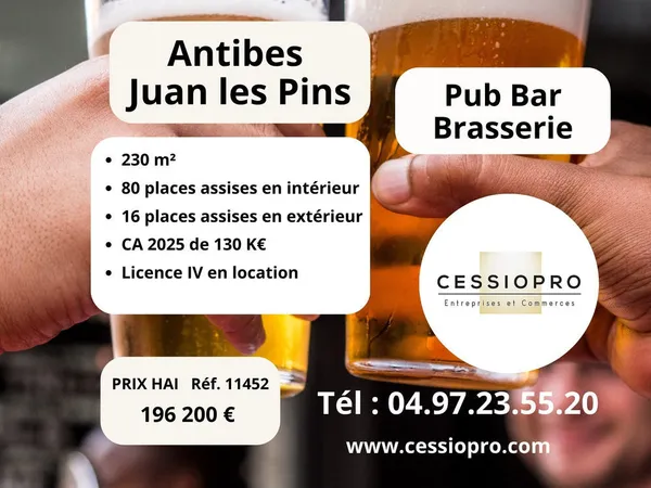 Antibes-juan les pins, Pub-bar-brasserie, 230m2, bail neuf tout commerce, terrasse.