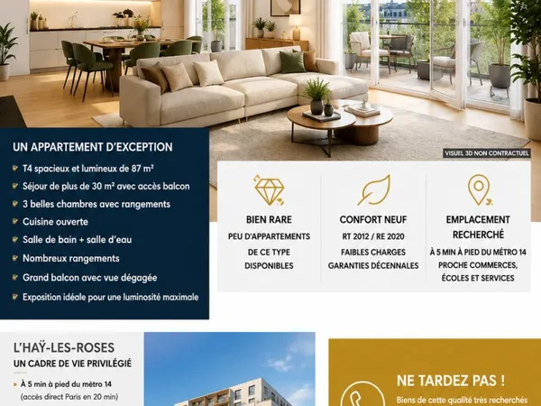 RARE - T4 NEUF 87 m² + BALCON - 329 000 € - L'HA-LES-ROSES - PROCHE MÉTRO 14 & GRAND PARIS