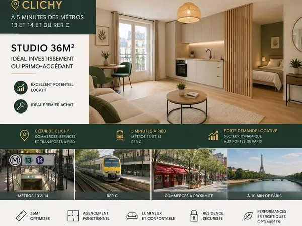 studio 35m² -2ème étage-connecté aux lignes 13, 14 et au RER C en moins de 8min!