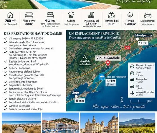 Villa neuve 2026 - 200m2 - 4 suites- Piscine chauffée- mer à moins de 3km