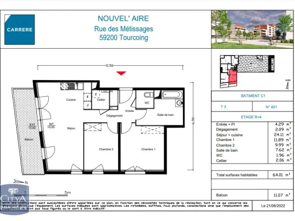 Appartement 3 pièces 64 m²