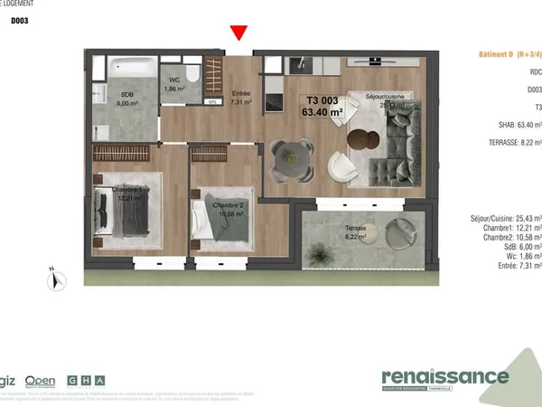 Résidence RENAISSANCE Appartement F3 neuf Lot D003
