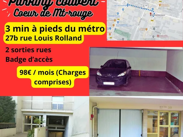 Parking sécurisé couvert à 3 min à pieds de la station Marie de Mont-Rouge