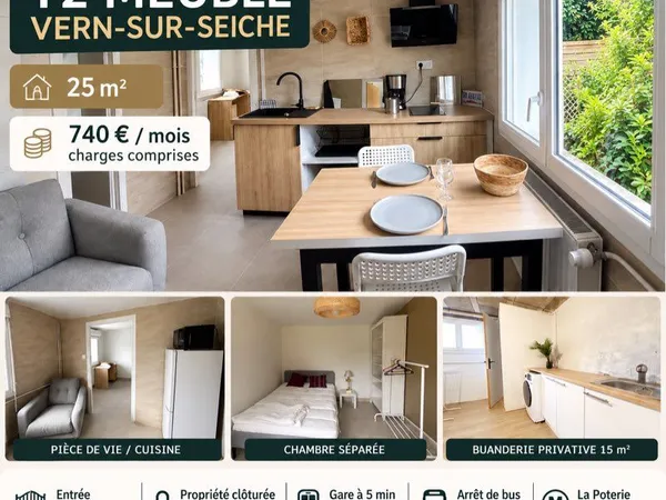 T2 MEUBLÉ 25 m² - VERN-SUR-SEICHE - 740 / MOIS