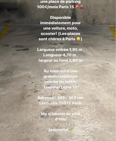 Location Parking Paris 15, 100/mois