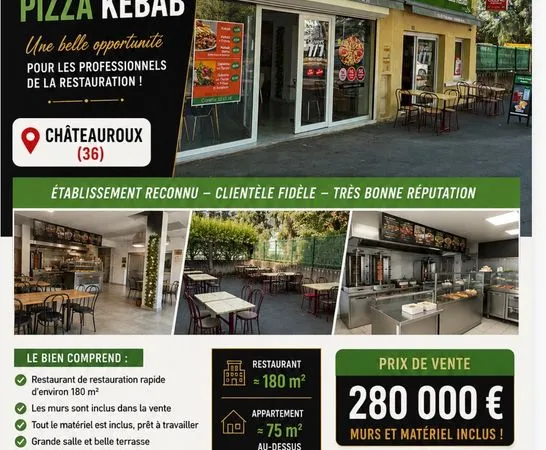 Restaurant à vendre - Restauration rapide (kebab, pizza) - 5 min du centre-ville
