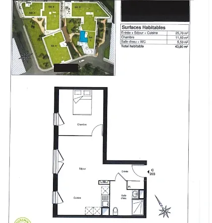 Appartement 2 pièces 43 m²
