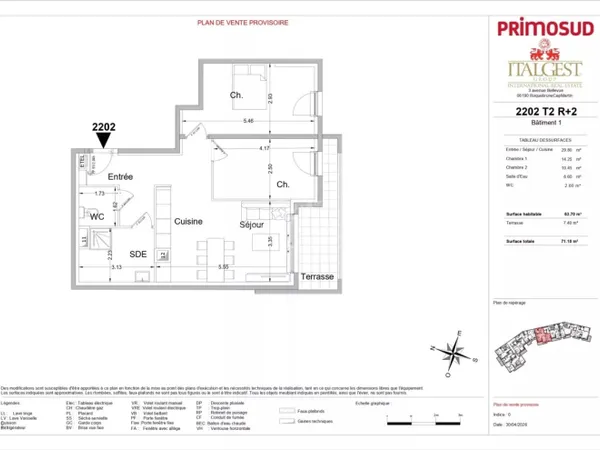 Lot 2202 - 3P de 63,70 m² au 2€ étage avec terrasse vue mer - Le