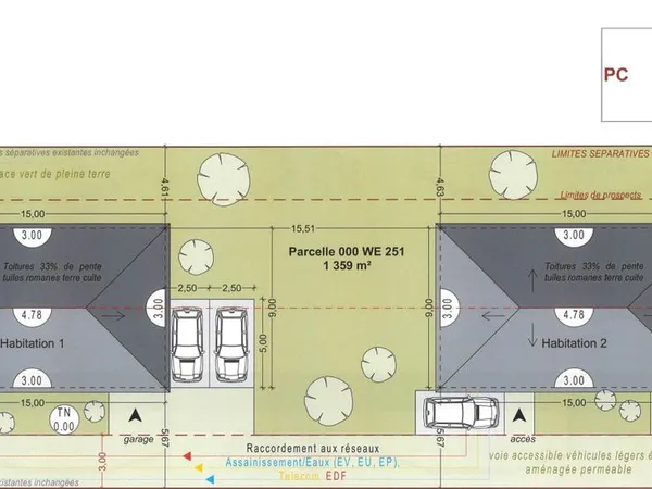 Terrain 1 359 m² - Permis accordé pour 2 maisons - Miremont