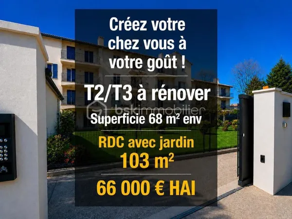 Appartement 2 pièces  68 m² avec jardin de 103 m²  à restaurer entièrement - Résidence avec ascens