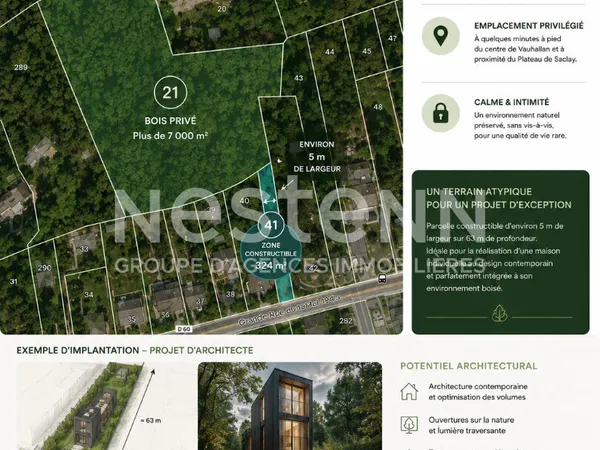 Terrain constructible Vauhallan 7 435 m² - 324 m² à bâtir + bois privé 7 000 m² - environnement natu