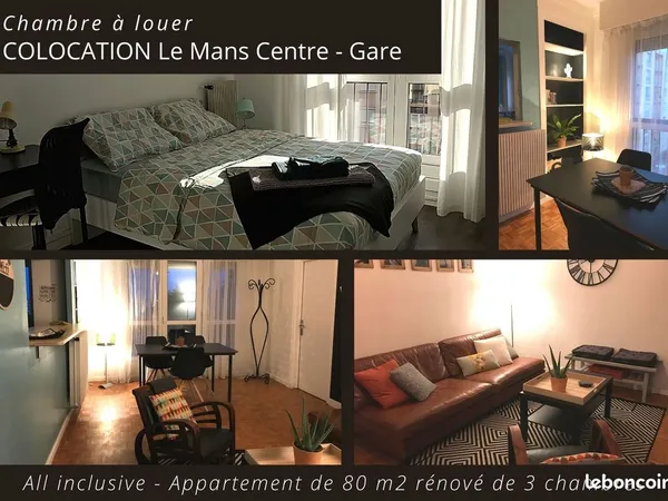 Chambre en colocation meublée standing - tout compris - Le Mans Centre / Gare