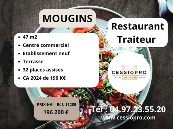 Mougins, centre commercial, restaurant traiteur, établissement neuf avec terrasse.