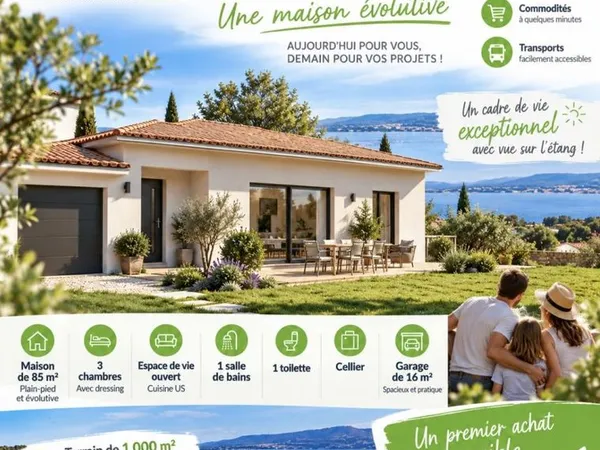 Premier achat à Istres : maison évolutive 3 chambres avec terrain de 1 000 m² et vue sur l'étang