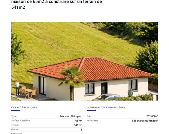 Saint bueil, à vendre une maison de plain pied de 64m2 à construire sur 213m2 de terrain