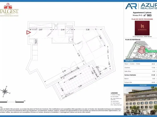 Le Mondial, vaste deux-pièces de 51 m², au cinquième étage, avec terrasse ensoleillée, en position c