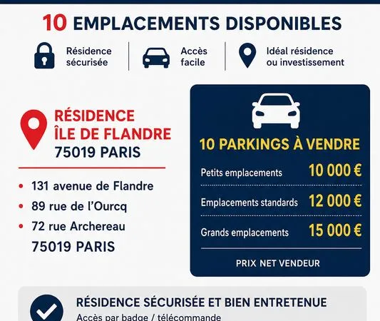 Parking à vendre paris 19 - métro crimée - résidence île de flandre - à partir de 10 000
