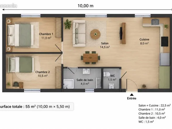 Maison 55 m2 et grand jardin