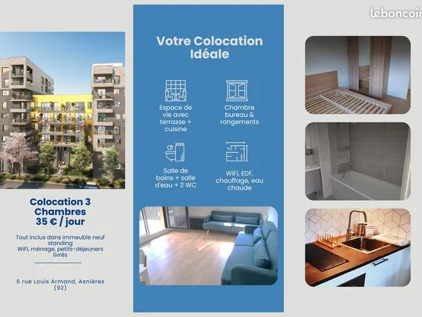 Colocation chambre 35 par jour tout inclus dans bel appartement avec terrasse-immeuble neuf standing