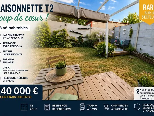 T2 en maisonnette avec jardin privatif, plein sud 48,26 m², Sans frais d'agence
