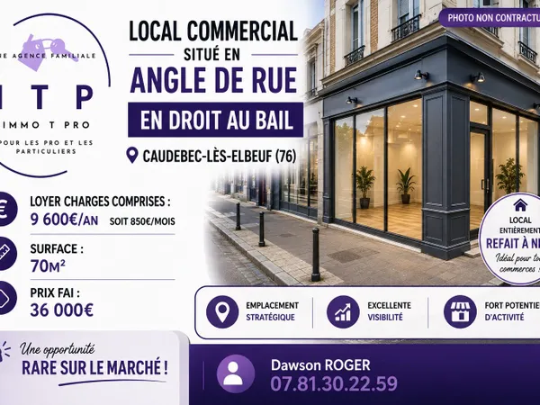 SUPERBE OPPORTUNITÉ LOCAL COMMERCIAL NEUF EN DROIT AU BAIL DANS