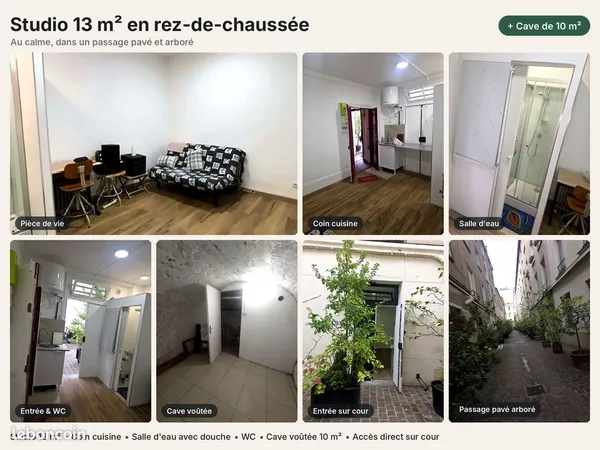Studio 13 m² rez-de-chaussée + cave 10 m²