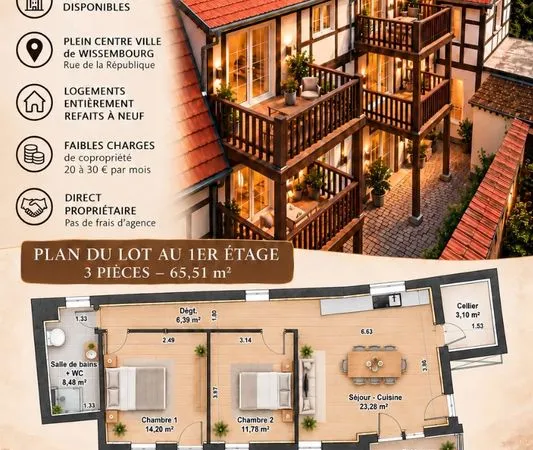 À VENDRE - SUPERBE APPARTEMENT 3 PIÈCES DE 67 m² AVEC BALCON - CENTRE HISTORIQUE DE WISSEMBOURG