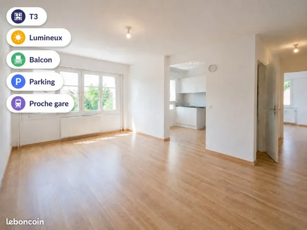 T3 68 m² 2 chambres - Parking + cave - Proche gare - Lumineux