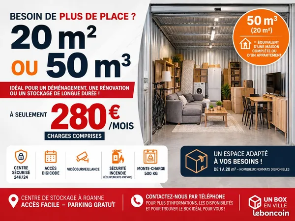 📦 BOX DE STOCKAGE 20 m² / 50 m³ - PORTE SECTIONNELLE 3 × 4 M