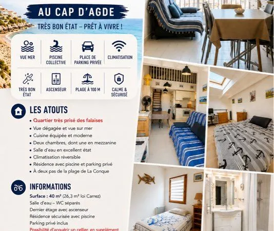 Vue mer climatisé parking piscine 40m2 deux chambres