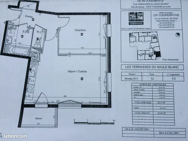 T2 de 48 m² avec Balcon + Parking sous-sol - 3 min à pieds Gare et Commerces (Thouaré centre)