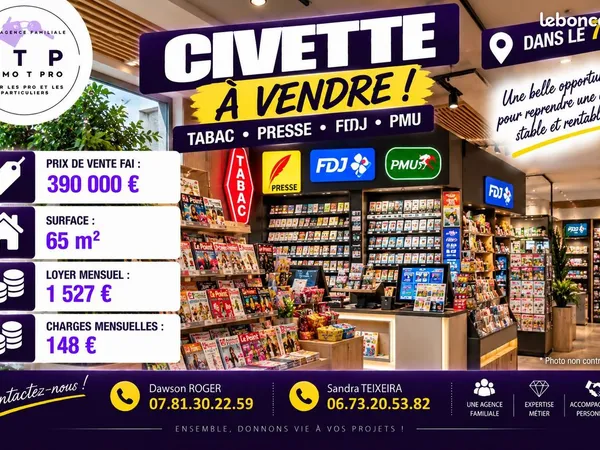 Fdj, pmu, presse, tabac 65 m² Plaisir