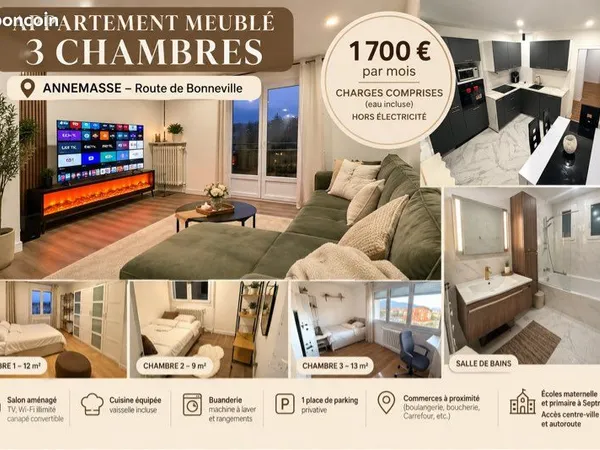 🏡 à louer - appartement meublé 3 chambres - annemasse