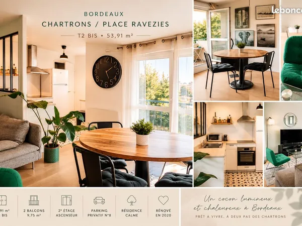 Chartrons / Ravezies - T2 Bis 54 m² traversant, 2 balcons, parking, ascenseur