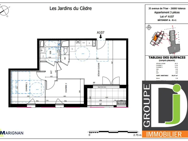 Appartement 3 pièces 59 m²