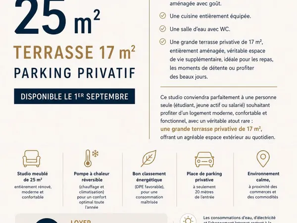 Studio meublé avec terrasse de 17 m² et parking privatif