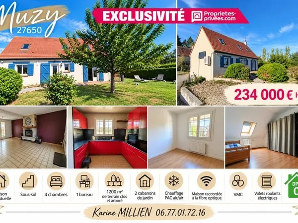 MUZY 27650 Maison individuelle sur sous-sol - 1 étage - 4 chambres - 1 bureau - Cabanon de jardin - 