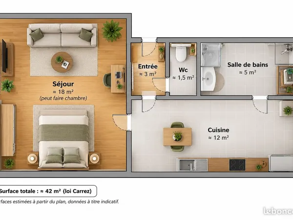 T1 42 m² à louer - La Jomayère - Résidence sécurisée - Grande pièce de vie