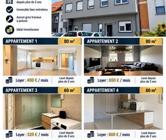 🏢 à vendre - 4 appartements loués - l'hôpital (57490)