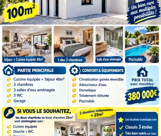 À VENDRE pour personnes souhaitant un beau complément de revenus, villa 3ch aménagée avec 2 studios 