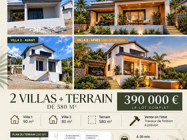 Vente flash : 2 villas + terrain 580 m² - Saint-Leu - 390 000