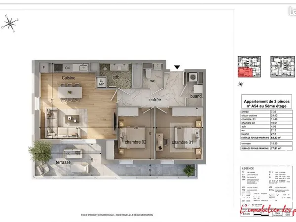 Appartement 3 pièces 62 m²