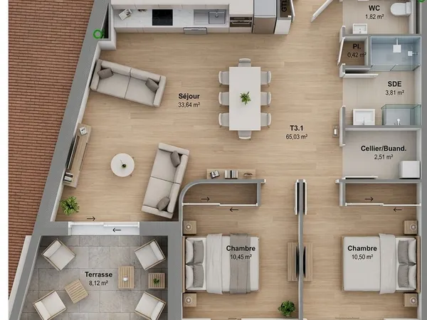 Appartement 3 pièces 65 m²