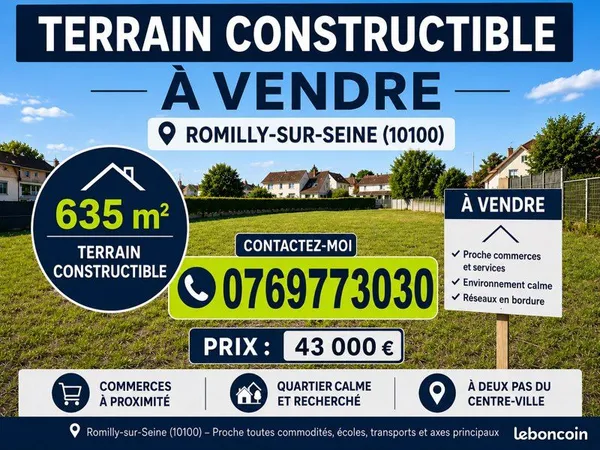 Terrain constructible à vendre Romilly-Sur-Seine